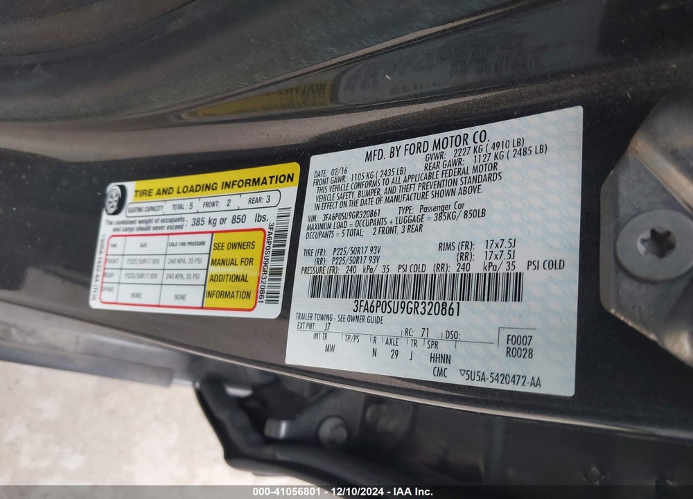 2016 FORD FUSION VIN: 3FA6P0SU9GR320861