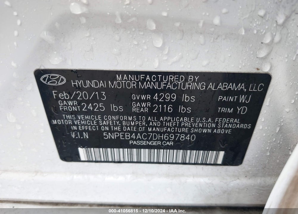 2013 HYUNDAI SONATA VIN: 5NPEB4AC7DH697840