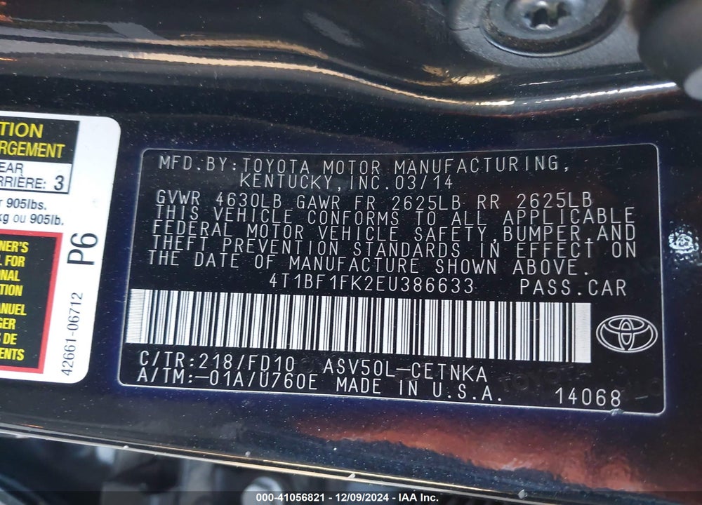 2014 TOYOTA CAMRY LE VIN: 4T1BF1FK2EU386633