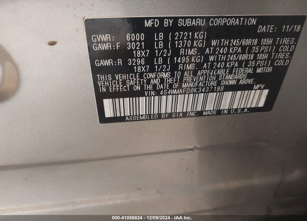 2019 SUBARU ASCENT PREMIUM VIN: 4S4WMAFD0K3437198