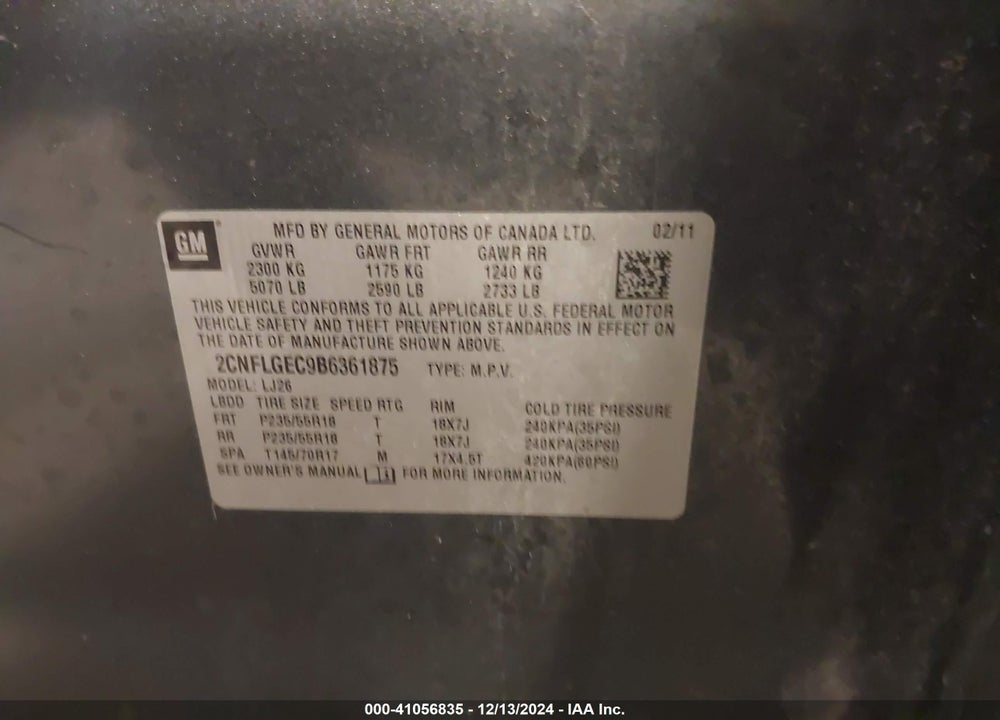 2011 CHEVROLET EQUINOX LTZ VIN: 2CNFLGEC9B6361875