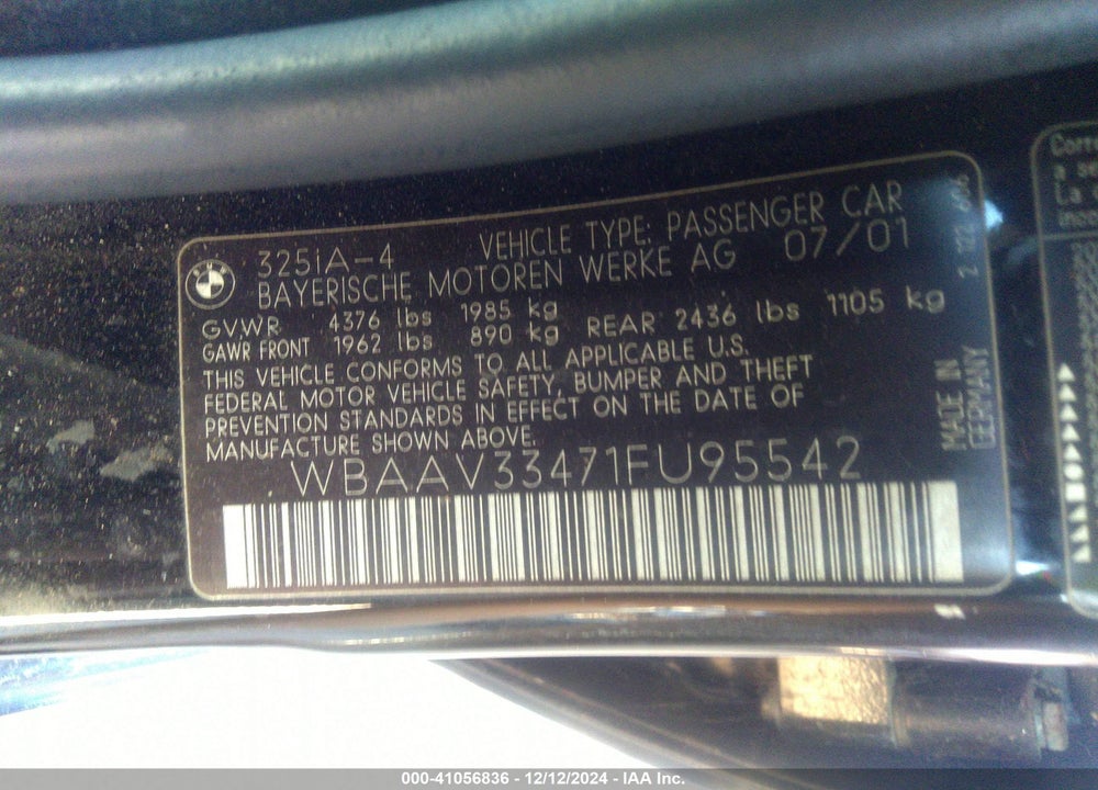 2001 BMW 325I VIN: WBAAV33471FU95542