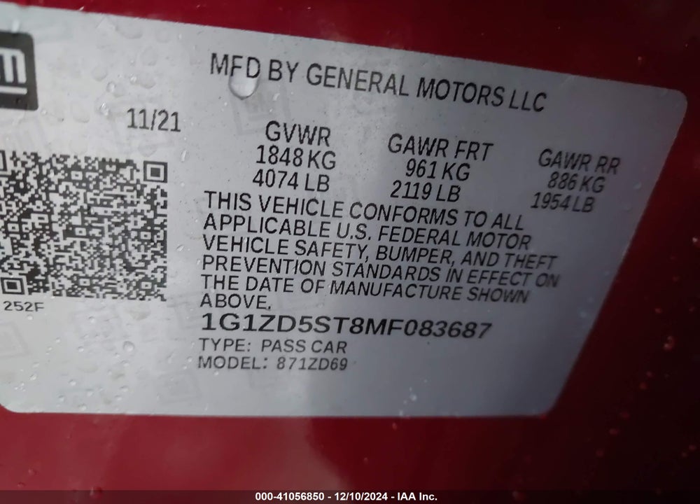 2021 CHEVROLET MALIBU FWD LT VIN: 1G1ZD5ST8MF083687