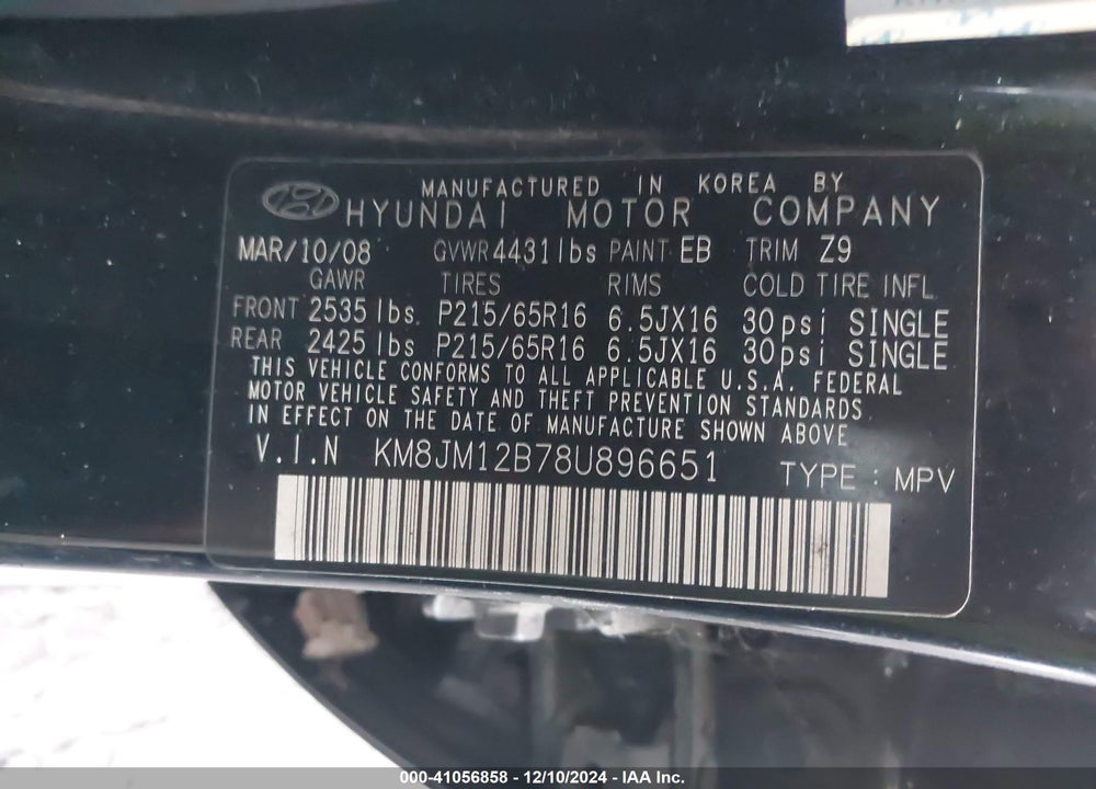2008 HYUNDAI TUCSON GLS VIN: KM8JM12B78U896651