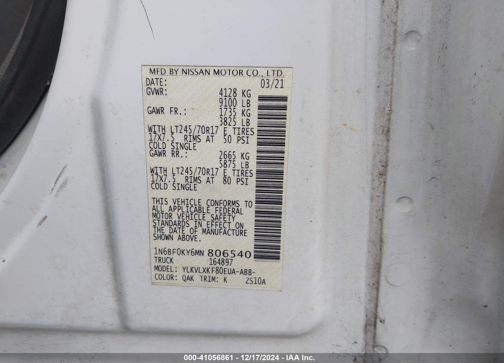 2021 NISSAN NV CARGO NV2500 HD SV STANDARD ROOF V6 VIN: 1N6BF0KY6MN806540