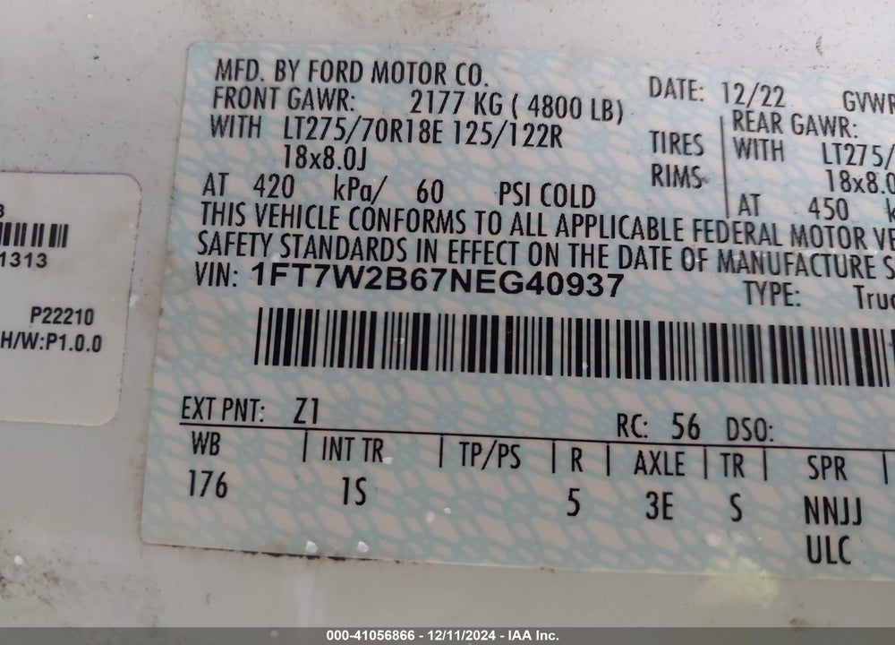 2022 FORD F-250 VIN: 1FT7W2B67NEG40937