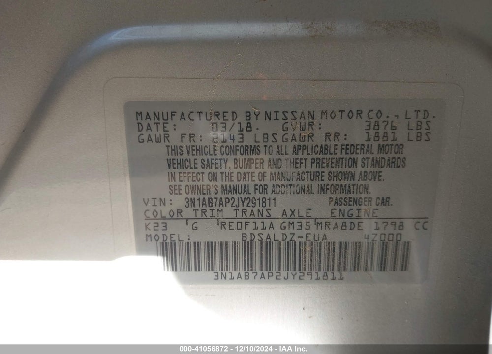2018 NISSAN SENTRA VIN: 3N1AB7AP2JY291811