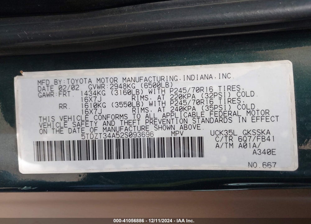 2002 TOYOTA SEQUOIA SR5 V8 VIN: 5TDZT34A52S093696