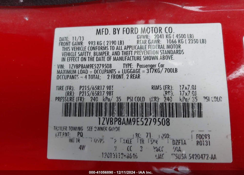 2014 FORD MUSTANG VIN: 1ZVBP8AM9E5279508
