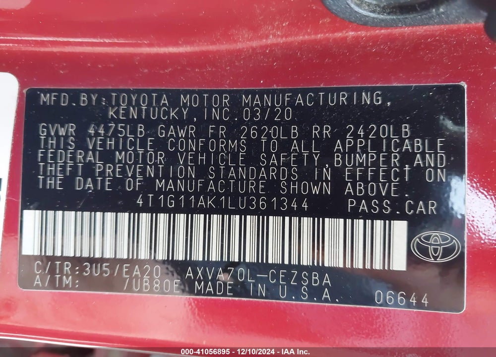 2020 TOYOTA CAMRY SE VIN: 4T1G11AK1LU361344