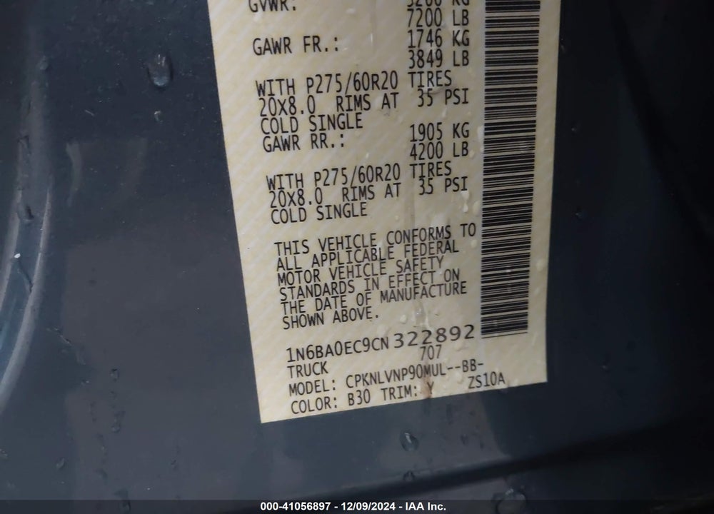 2012 NISSAN TITAN SL VIN: 1N6BA0EC9CN322892