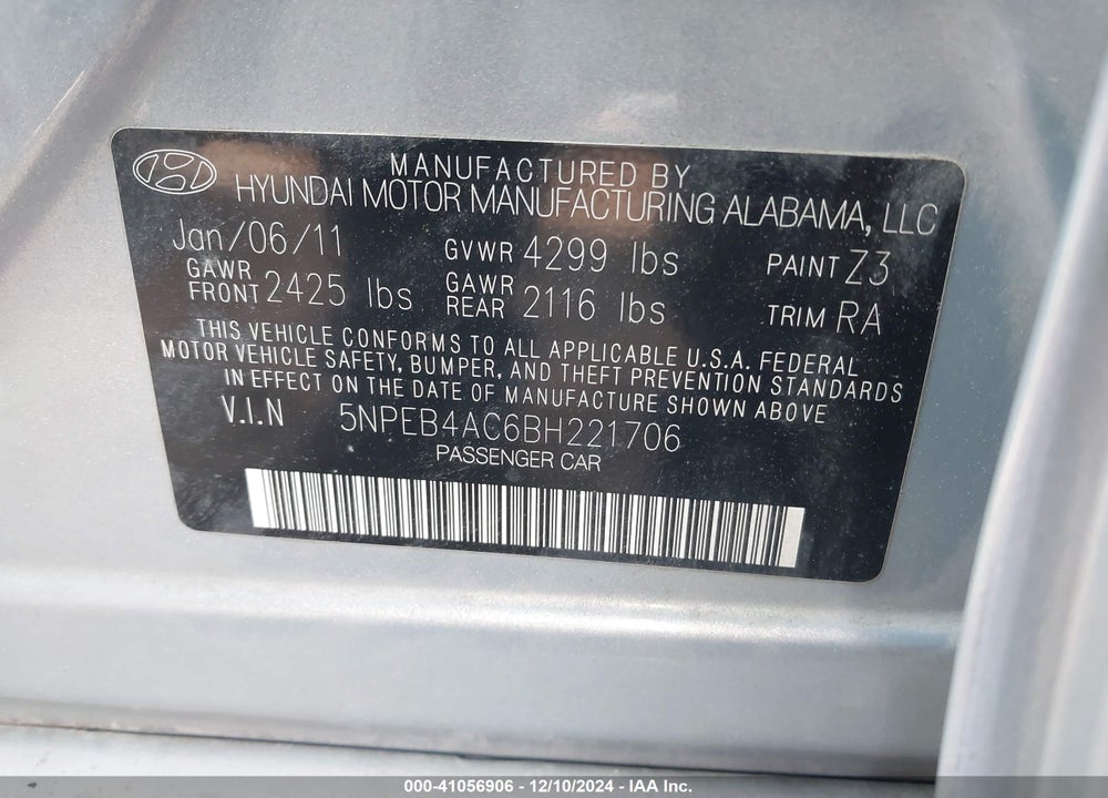 2011 HYUNDAI SONATA GLS VIN: 5NPEB4AC6BH221706