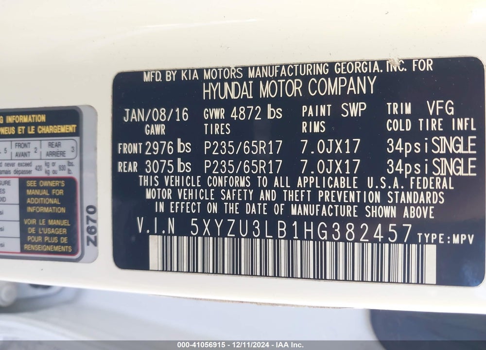 2017 HYUNDAI SANTA FE SPORT 2.4L VIN: 5XYZU3LB1HG382457