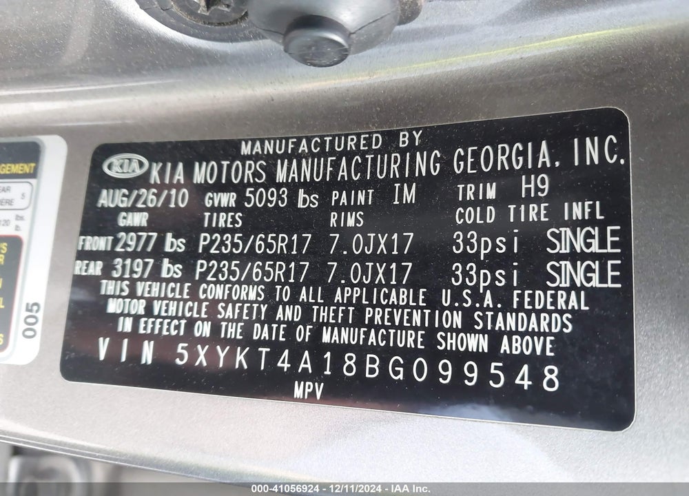 2011 KIA SORENTO LX VIN: 5XYKT4A18BG099548