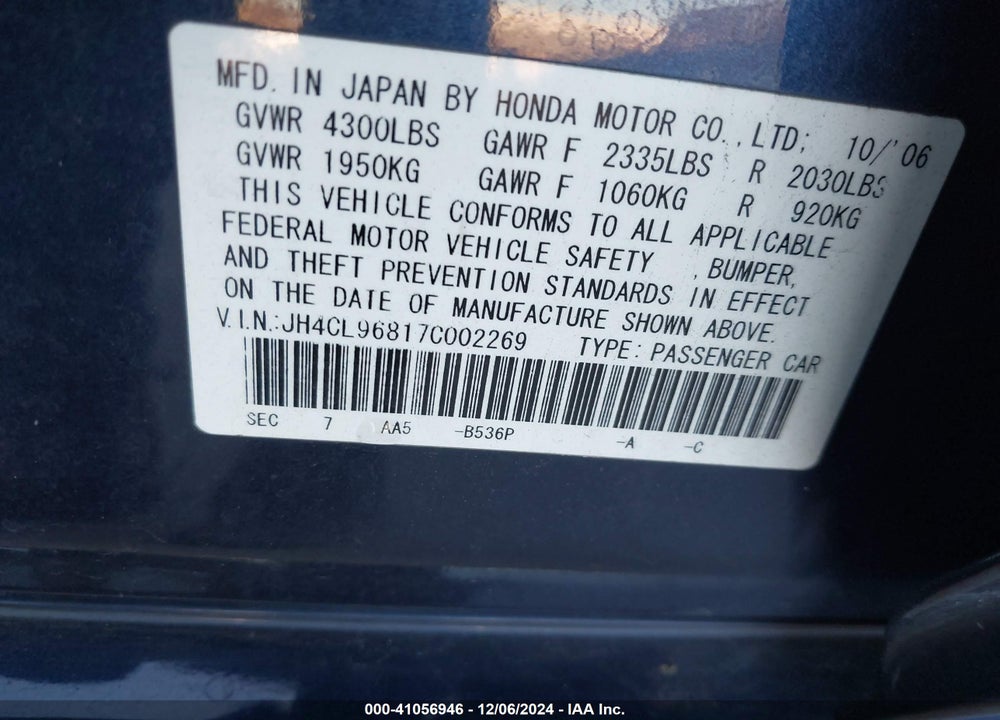 2007 ACURA TSX VIN: JH4CL96817C002269
