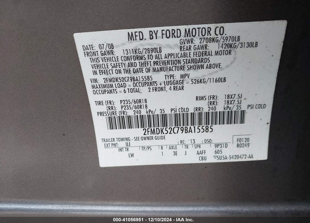 2009 FORD FLEX SEL VIN: 2FMDK52C79BA15585