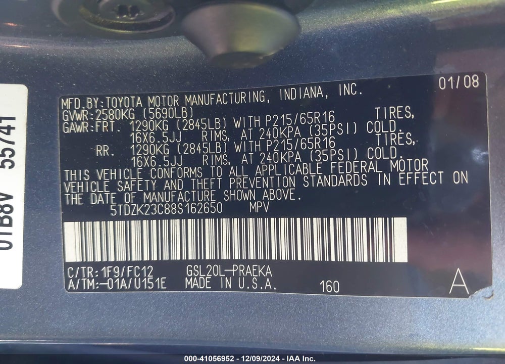 2008 TOYOTA SIENNA LE VIN: 5TDZK23C88S162650