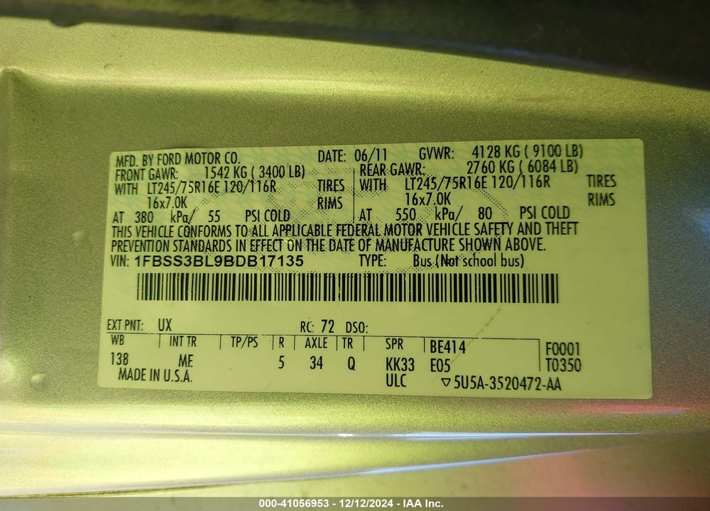 2011 FORD E-350 SUPER DUTY XLT VIN: 1FBSS3BL9BDB17135