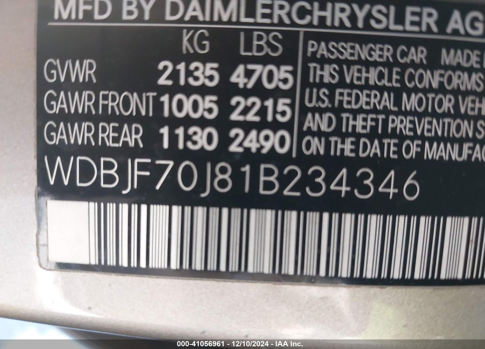 2001 MERCEDES-BENZ E 430 VIN: WDBJF70J81B234346