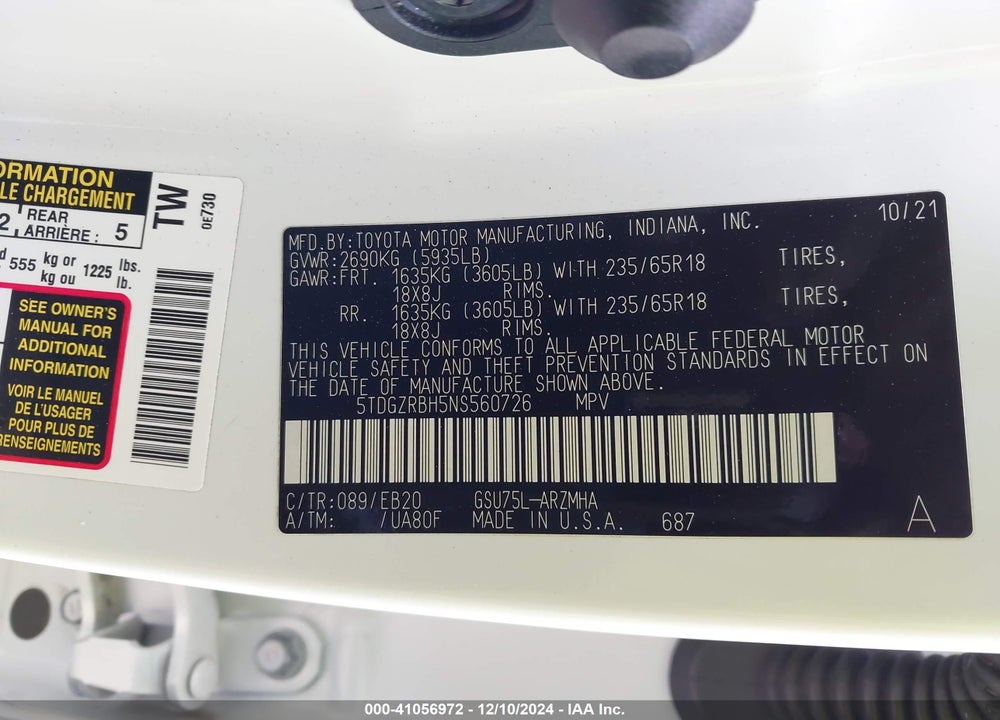 2022 TOYOTA HIGHLANDER XLE VIN: 5TDGZRBH5NS560726