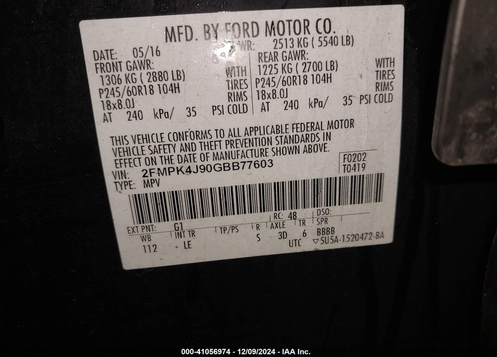 2016 FORD EDGE SEL VIN: 2FMPK4J90GBB77603