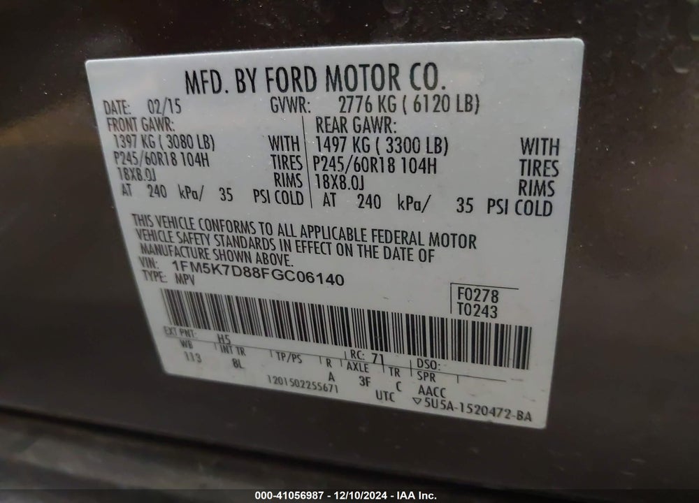 2015 FORD EXPLORER XLT VIN: 1FM5K7D88FGC06140