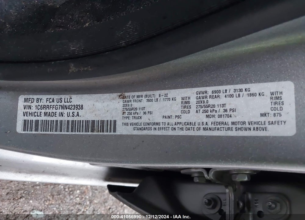 2022 RAM 1500 VIN: 1C6RRFFG7NN423938