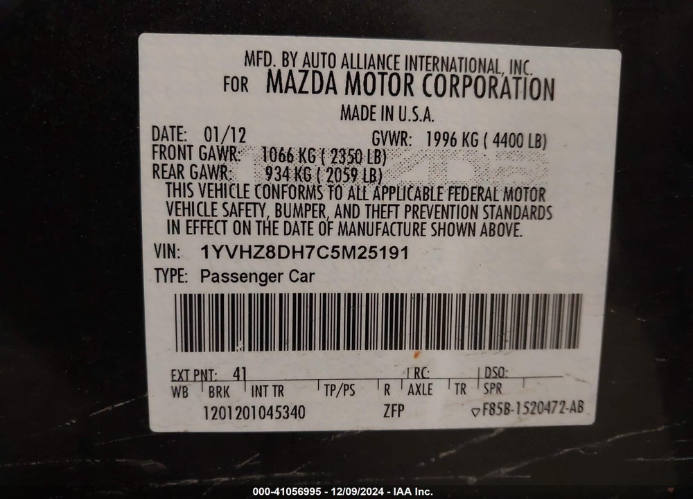 2012 MAZDA 6 I TOURING VIN: 1YVHZ8DH7C5M25191