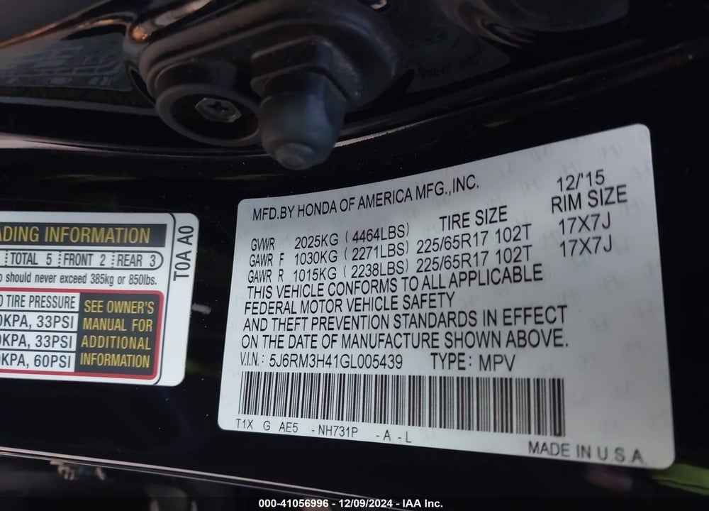 2016 HONDA CR-V SE VIN: 5J6RM3H41GL005439