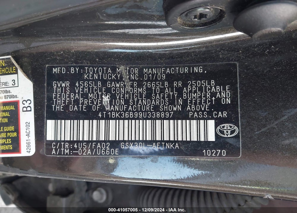 2009 TOYOTA AVALON XL VIN: 4T1BK36B99U338897