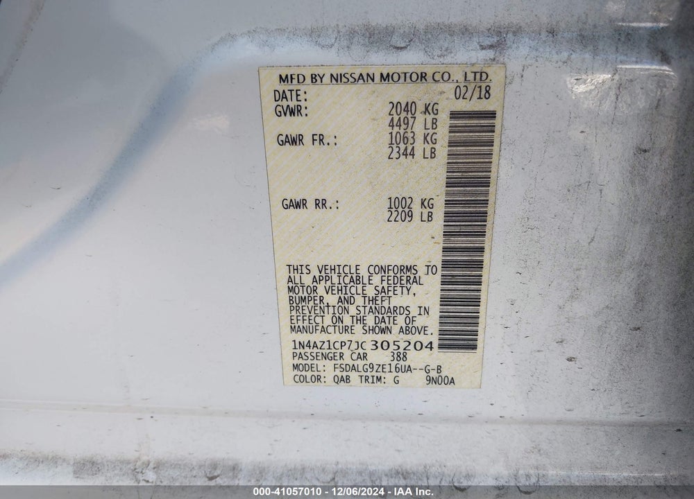 2018 NISSAN LEAF SL VIN: 1N4AZ1CP7JC305204