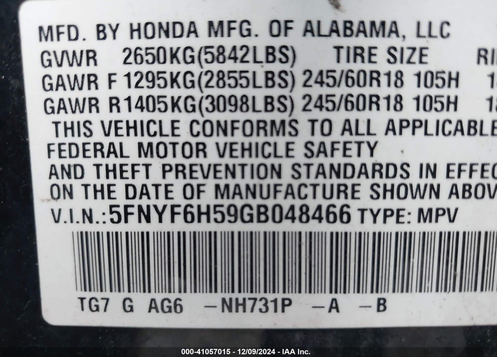 2016 HONDA PILOT EX-L VIN: 5FNYF6H59GB048466