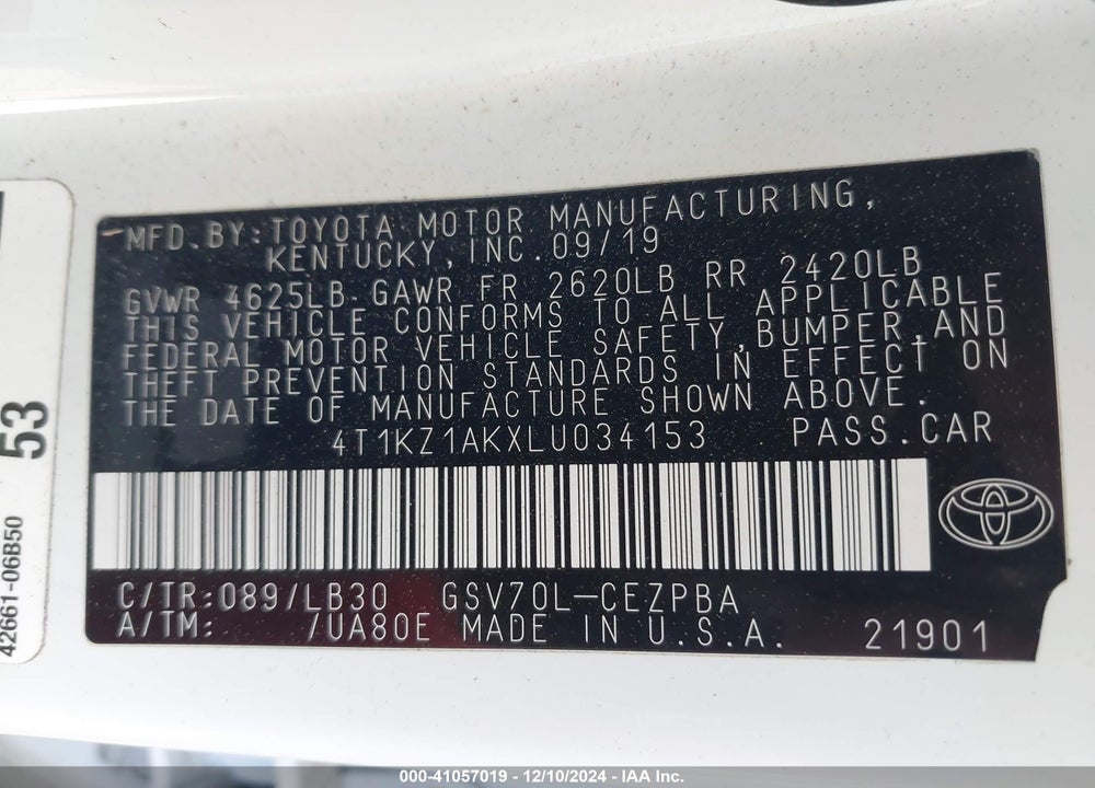 2020 TOYOTA CAMRY VIN: 4T1KZ1AKXLU034153