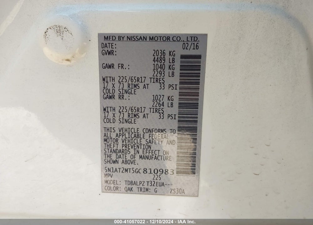 2016 NISSAN ROGUE S/SL/SV VIN: 5N1AT2MT5GC810983