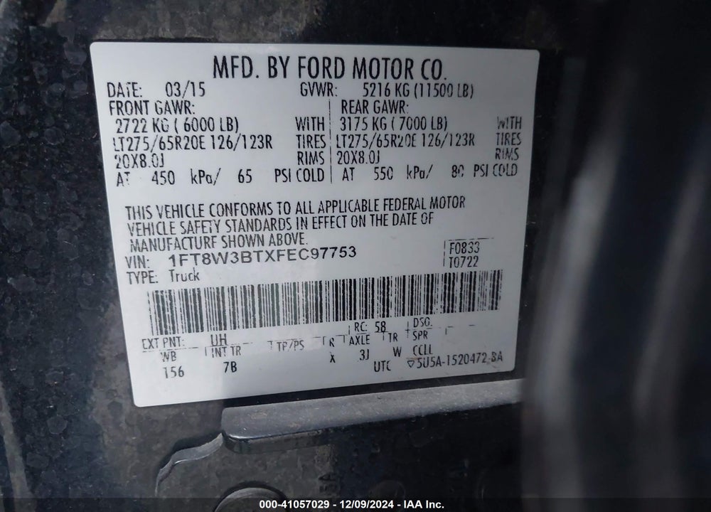 2015 FORD F-350 LARIAT VIN: 1FT8W3BTXFEC97753