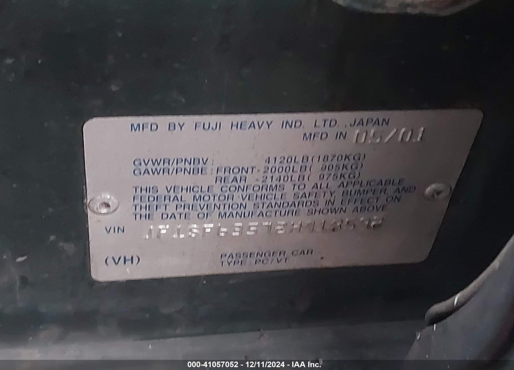 2002 SUBARU FORESTER L VIN: JF1SF63572H718592