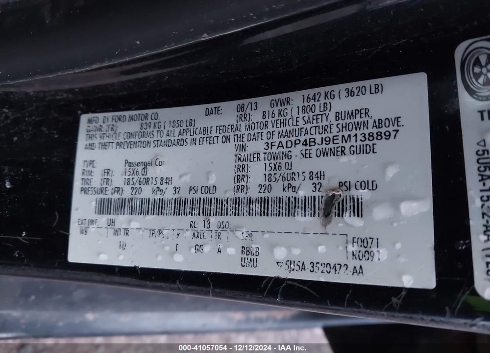 2014 FORD FIESTA VIN: 3FADP4BJ9EM138897