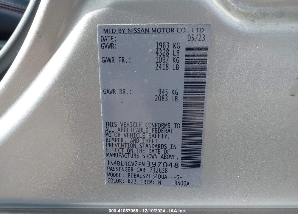 2023 NISSAN ALTIMA SR FWD VIN: 1N4BL4CV2PN397048