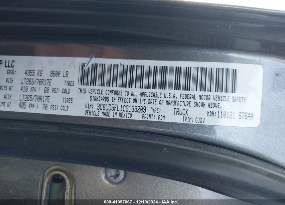 2012 RAM 2500 LAIE VIN: 3C6UD5FL1CG139209