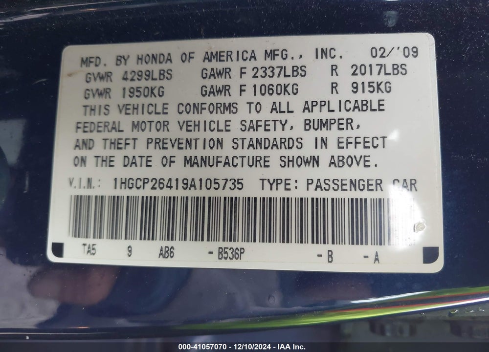 2009 HONDA ACCORD 2.4 LX-P VIN: 1HGCP26419A105735