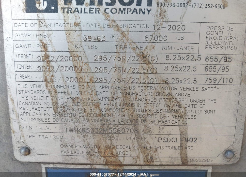 2021 WILSON TRAILER CO TRAILER VIN: 1W1K65332M5560708