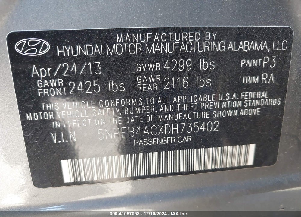 2013 HYUNDAI SONATA GLS VIN: 5NPEB4ACXDH735402