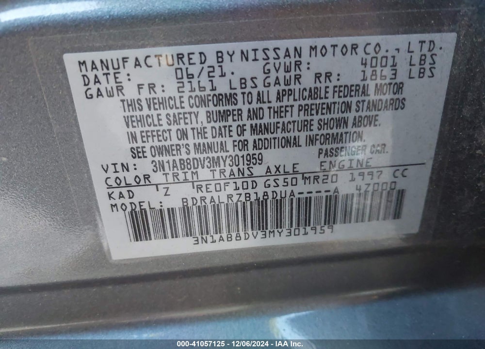2021 NISSAN SENTRA SR XTRONIC CVT VIN: 3N1AB8DV3MY301959