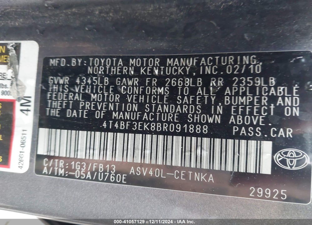2011 TOYOTA CAMRY VIN: 4T4BF3EK8BR091888