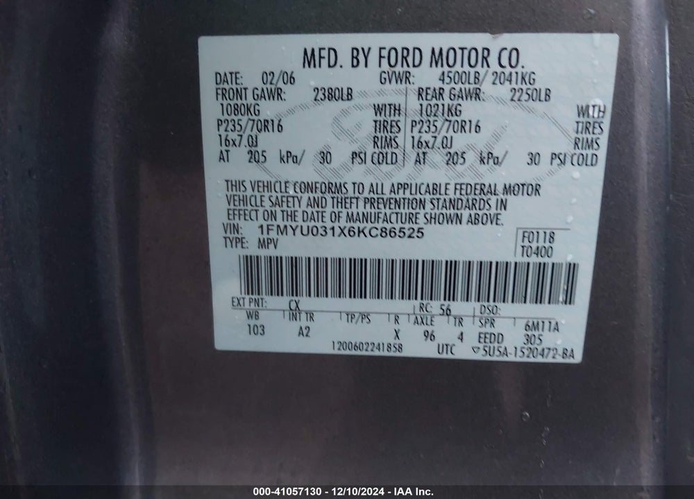 2006 FORD ESCAPE XLT/XLT SPORT VIN: 1FMYU031X6KC86525
