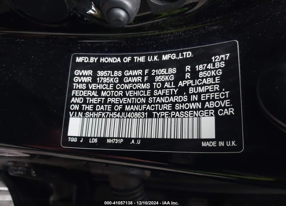 2018 HONDA CIVIC EX VIN: SHHFK7H54JU408631