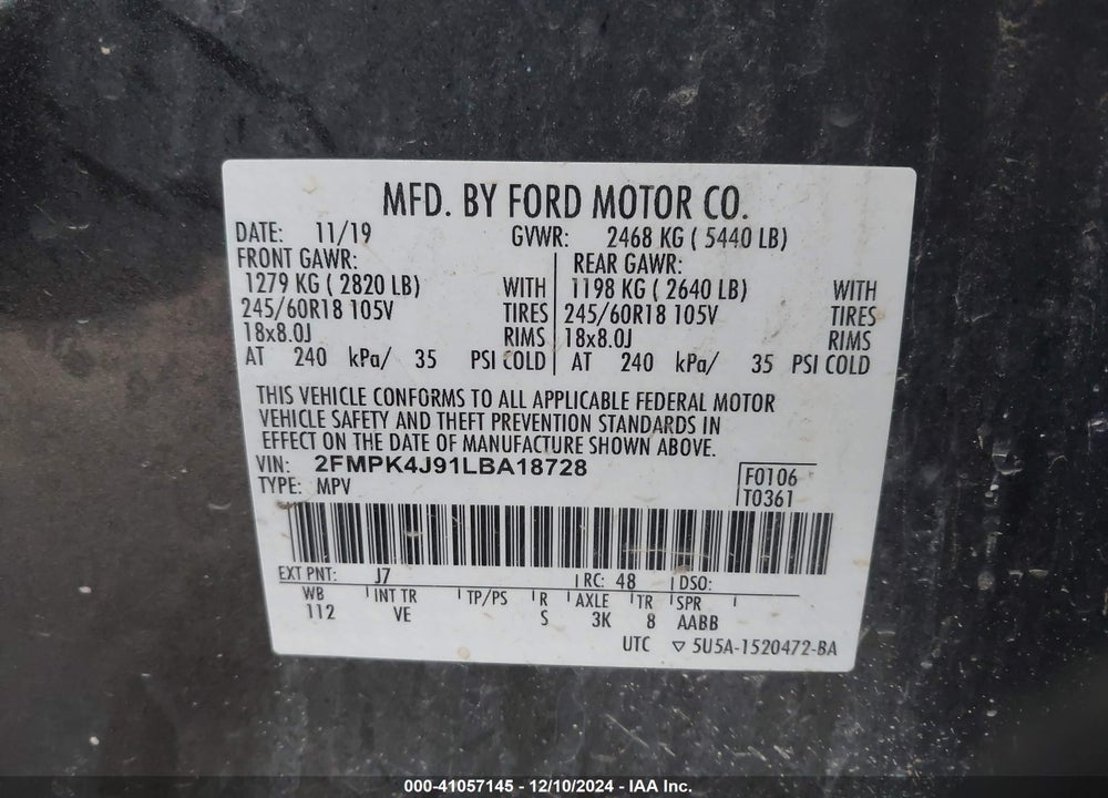 2020 FORD EDGE SEL VIN: 2FMPK4J91LBA18728