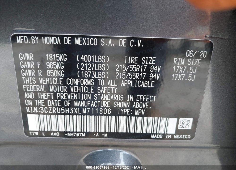 2020 HONDA HR-V 2WD LX VIN: 3CZRU5H3XLM711806