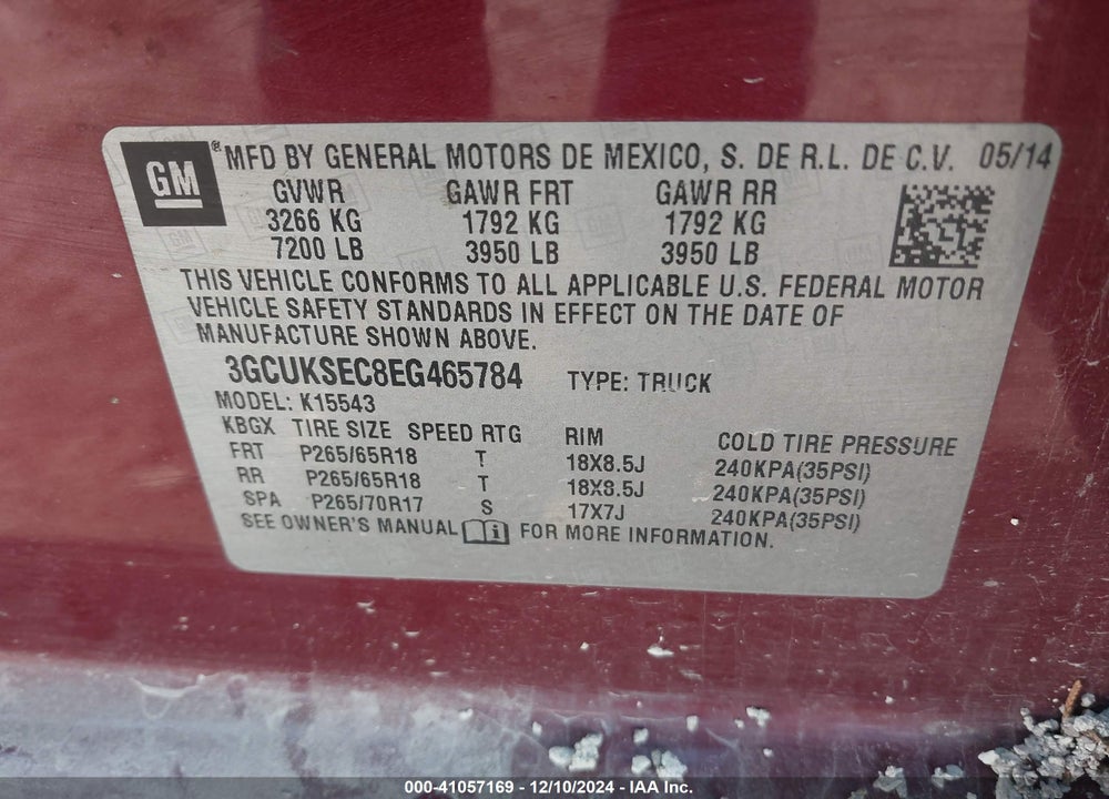2014 CHEVROLET SILVERADO 1500 1LZ VIN: 3GCUKSEC8EG465784