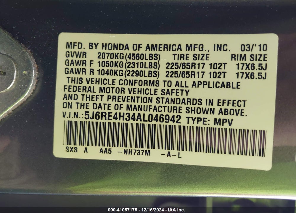 2010 HONDA CR-V LX VIN: 5J6RE4H34AL046942